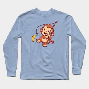 Cute Monkey Fishing Banana Cartoon Long Sleeve T-Shirt